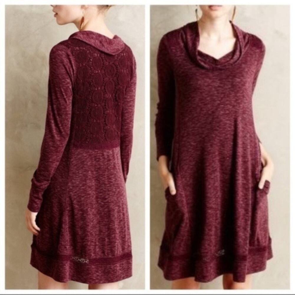 Anthropologie Saturday Sunday Cowl Neck Burgundy Crochet Back Long Sleeve Dress